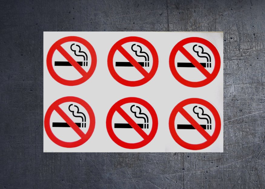 (image for) 6 x No smoking stickers for internal or external use 8.5cm diameter. - Click Image to Close