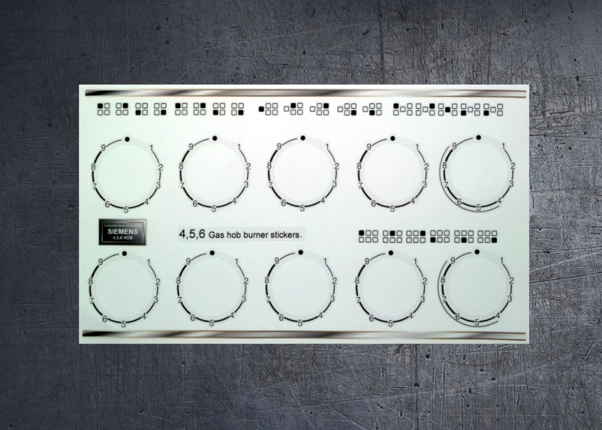 (image for) Siemens 4, 5, 6 burner gas hob compatible fascia sticker set. - Click Image to Close